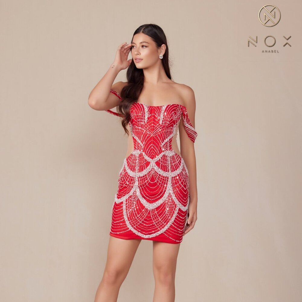 NEW OFF SHOULDER SEQUINS & PEARLS EMBELLISHED COCKTAIL BODYCON DRESS NX Q839